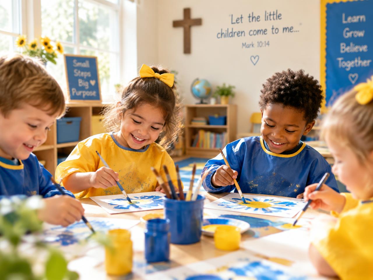 Children painting together in a bright Crossroads classroom